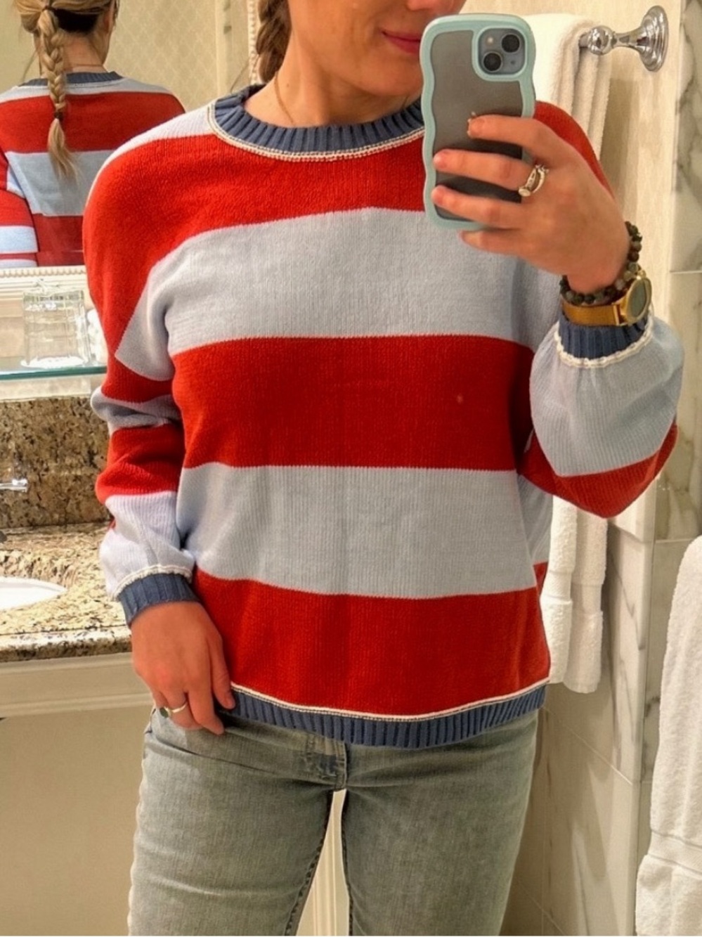 Women’s Bold Red and Light Blue Chunky Knit Striped Sweater. Size S